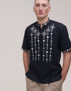 Men's embroidered short-sleeved blue linen Krip shirt