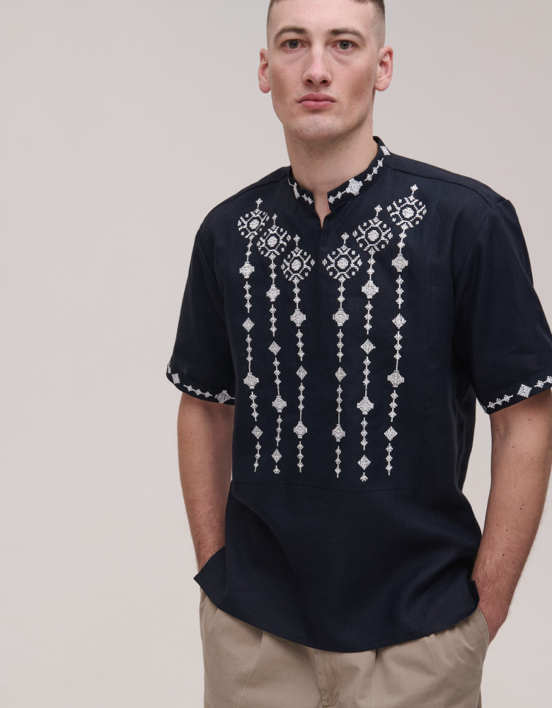 Men's embroidered short-sleeved blue linen Krip shirt