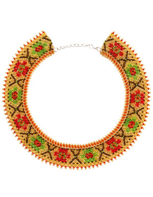 Beaded Necklace (gold with red and green flowers)