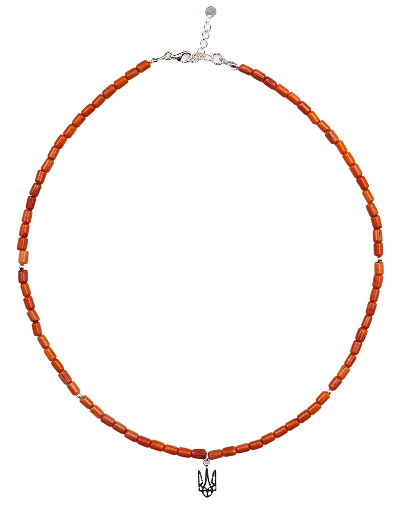 One string terracotta coral necklace, silver trident