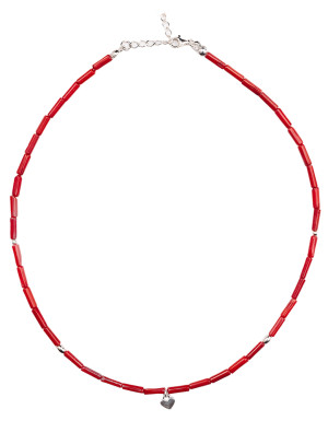 Necklace from burgundy coral, silver heart