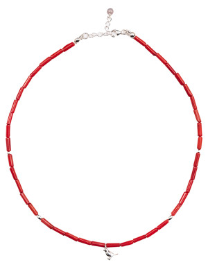 Necklace from burgundy coral, silver bird