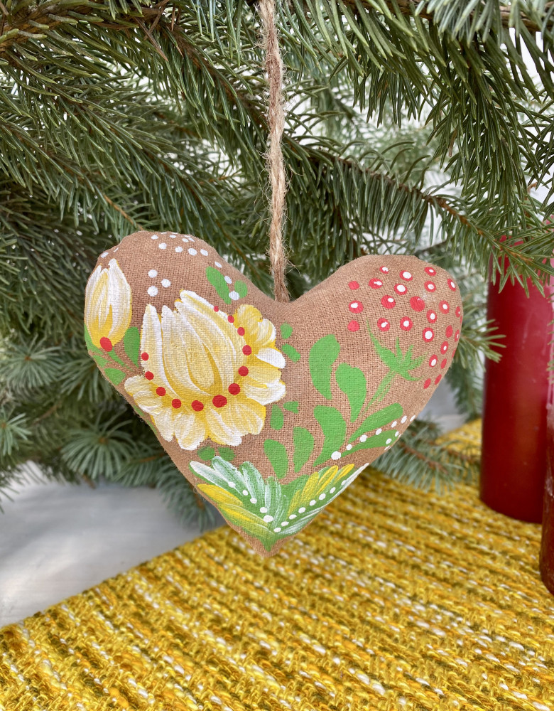 Coffee Heart with Yellow Flowers (Petrykivka Painting)