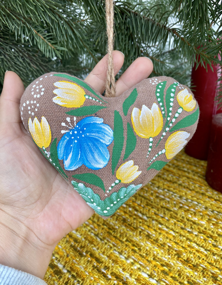 Coffee Heart with Blue and Yellow Flowers (Petrykivka Painting)