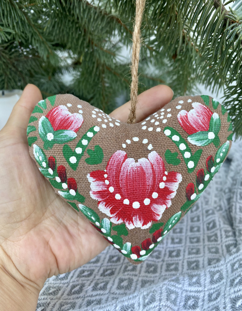 Coffee Heart with a Red Flower (Petrykivka Painting)