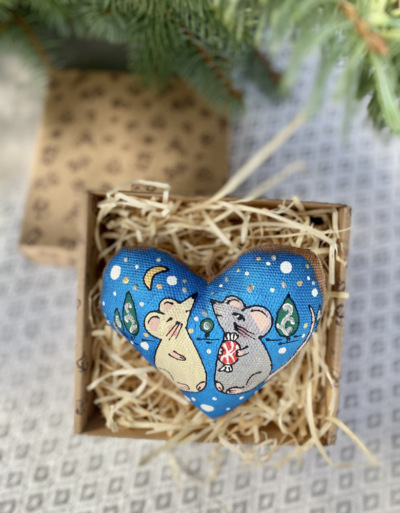 Coffee Heart with Mice on Sky Background