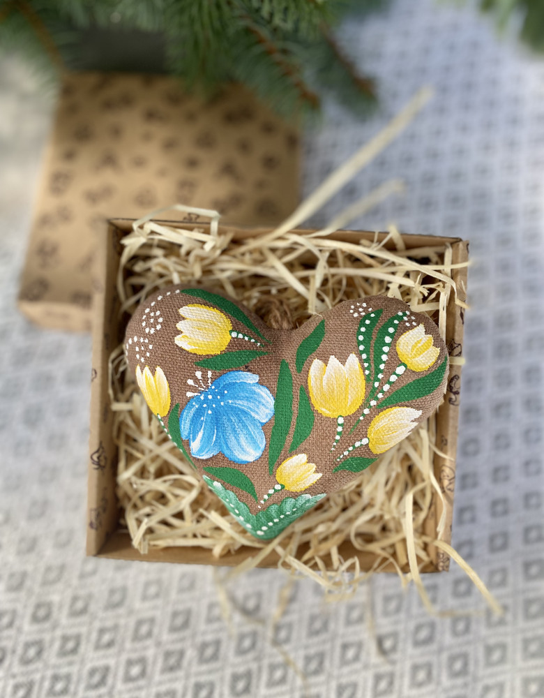 Coffee Heart with Blue and Yellow Flowers (Petrykivka Painting)