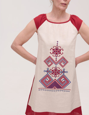 Embroidered dress burgundy linen Infinity short sleeve