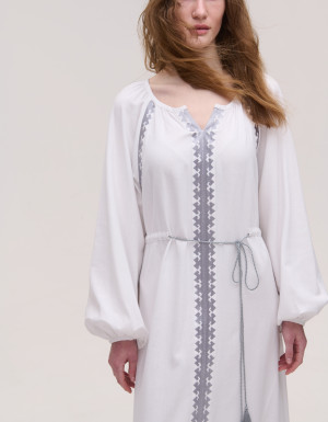 White Linen Dress with Ruffle & Silver Embroidery