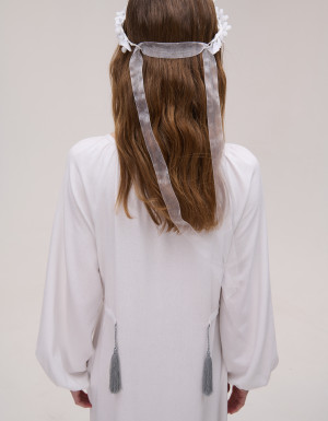 White Linen Dress with Ruffle & Silver Embroidery