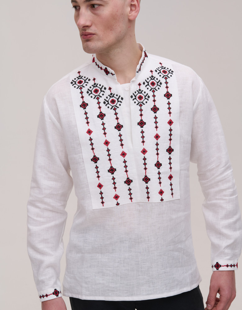  Men's embroidered white linen Krip with red and black embroidery