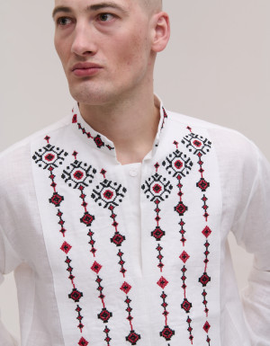  Men's embroidered white linen Krip with red and black embroidery
