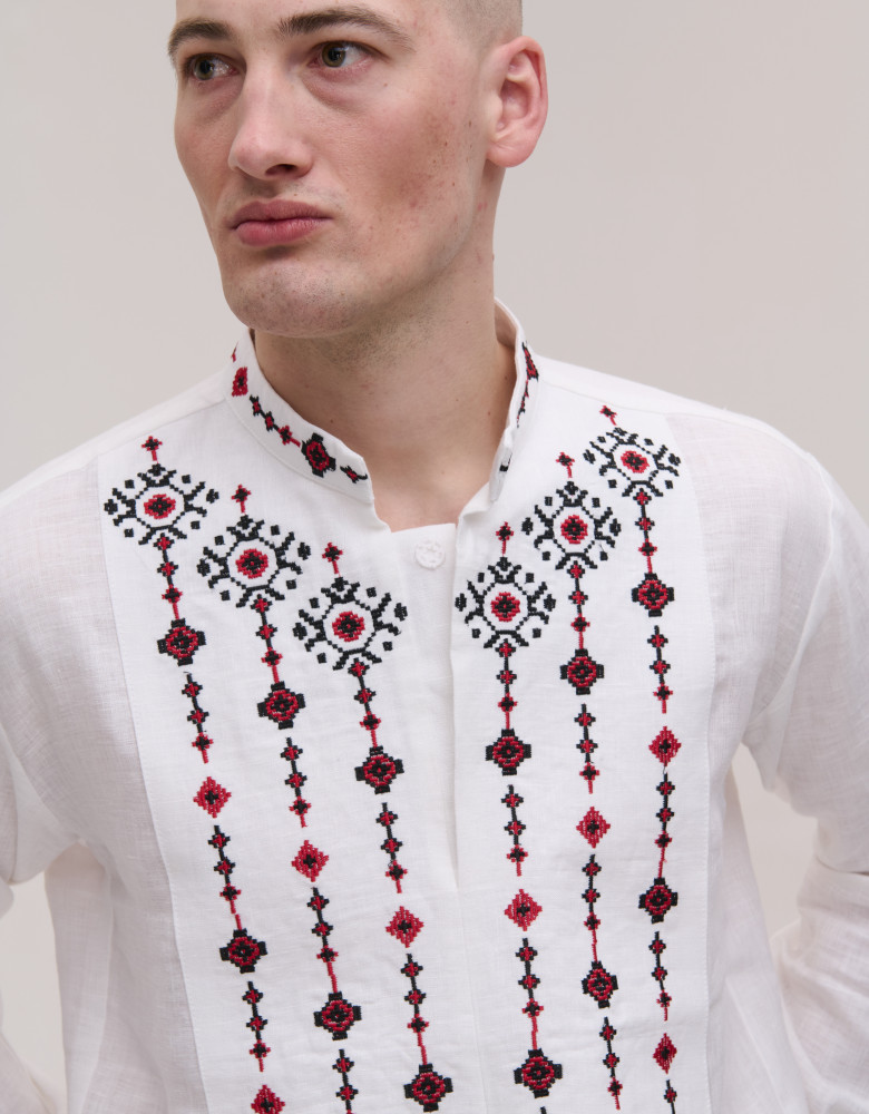  Men's embroidered white linen Krip with red and black embroidery