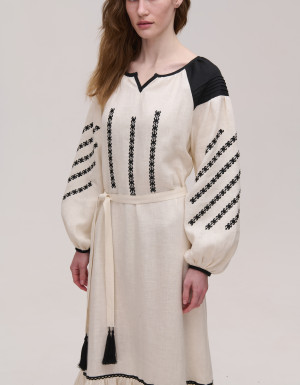  Beige elongated linen dress "Podillia"