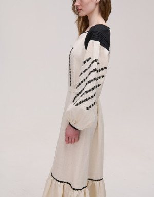  Beige elongated linen dress "Podillia"