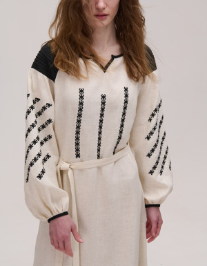  Beige elongated linen dress "Podillia"