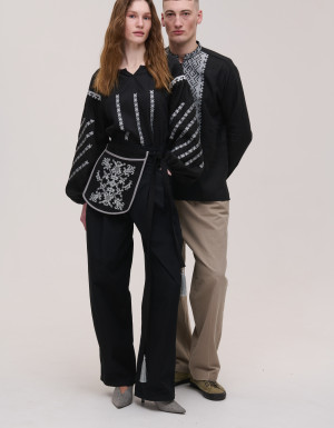 Pair of Podilski embroidered black linen