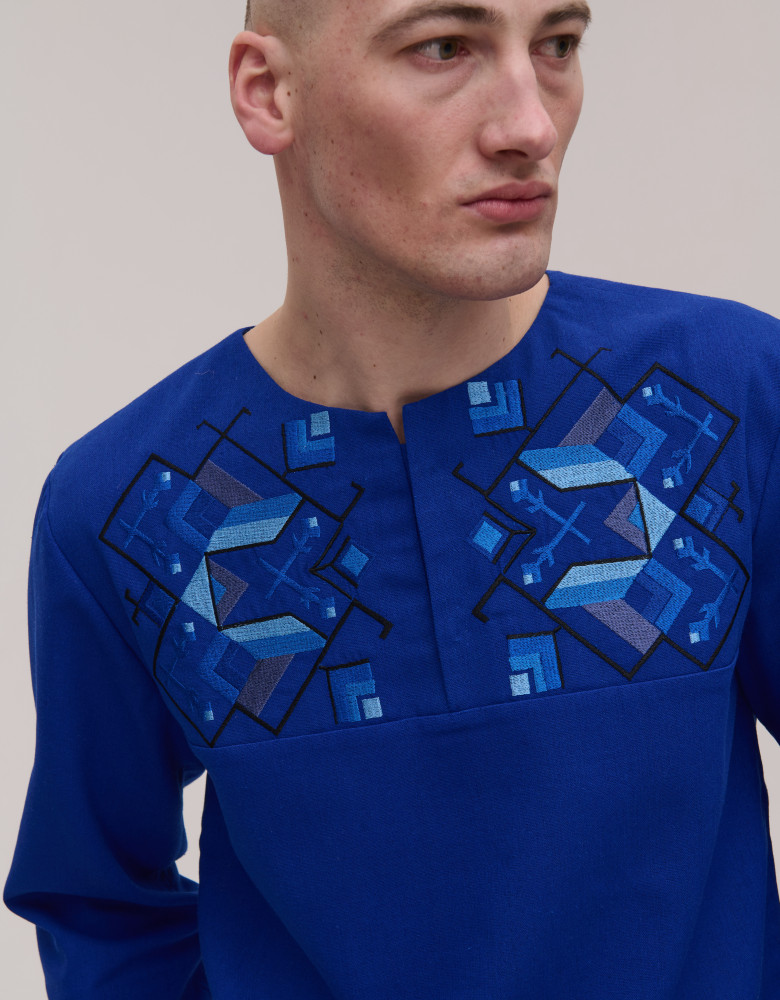 Чоловіча вишиванка синя лляна Geometrychna 