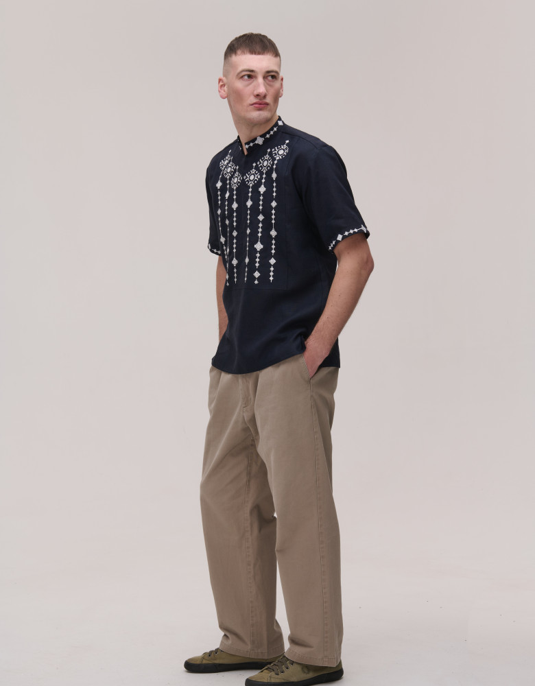 Men's embroidered short-sleeved blue linen Krip shirt