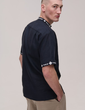 Men's embroidered short-sleeved blue linen Krip shirt