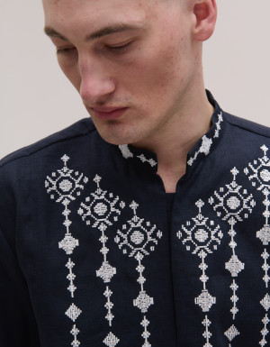 Men's embroidered short-sleeved blue linen Krip shirt