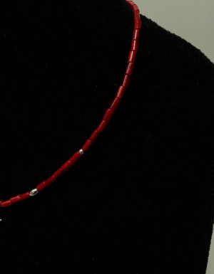 Necklace from burgundy coral, silver heart