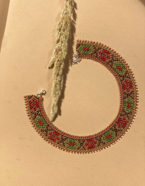 Beaded Necklace (gold with red and green flowers)