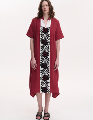 Handmade embroidered burgundy linen dress  Rose branch