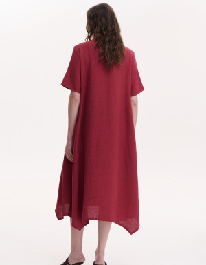 Handmade embroidered burgundy linen dress  Rose branch