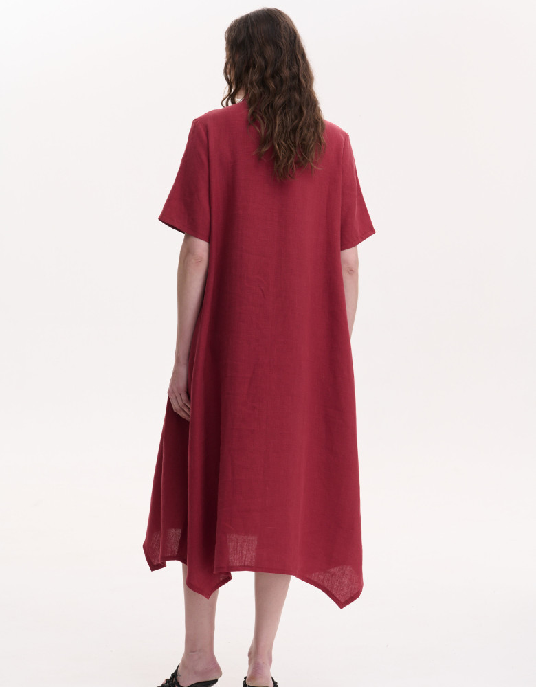 Handmade embroidered burgundy linen dress  Rose branch