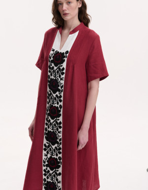 Handmade embroidered burgundy linen dress  Rose branch