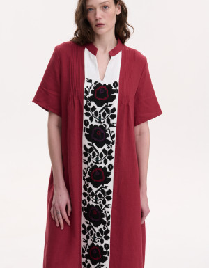 Handmade embroidered burgundy linen dress  Rose branch