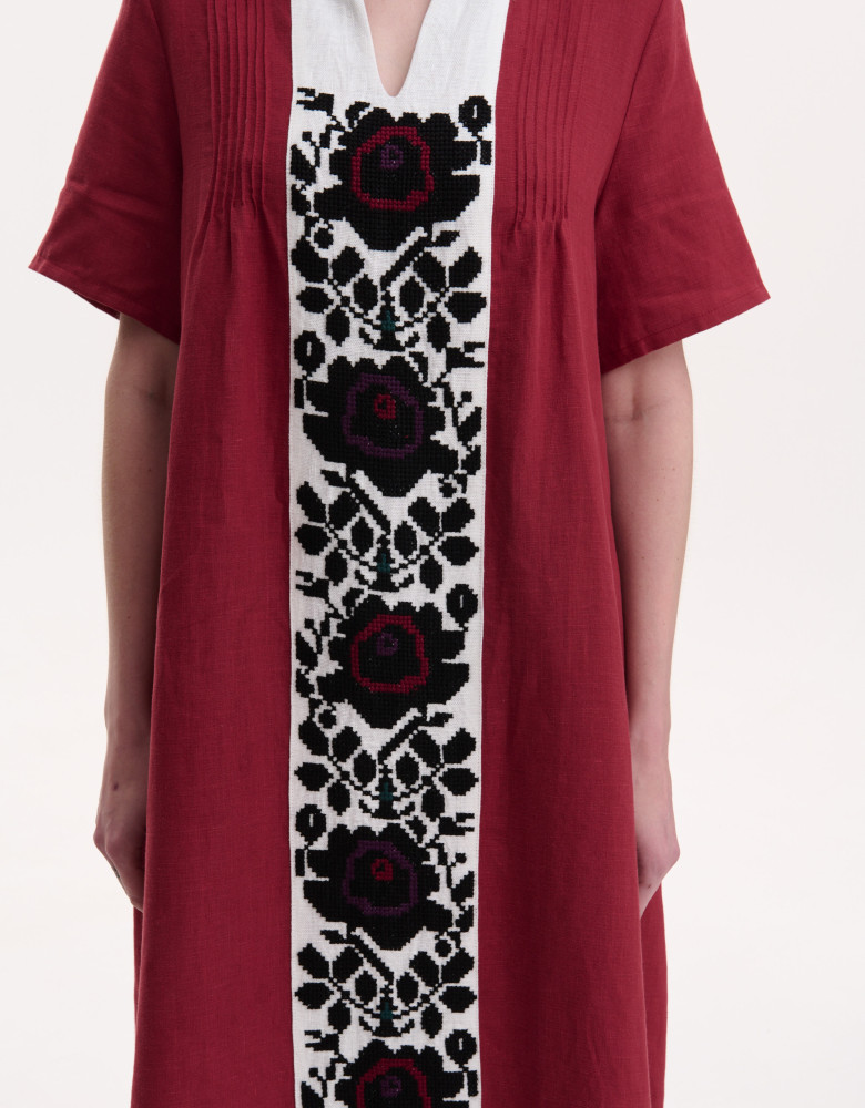 Handmade embroidered burgundy linen dress  Rose branch