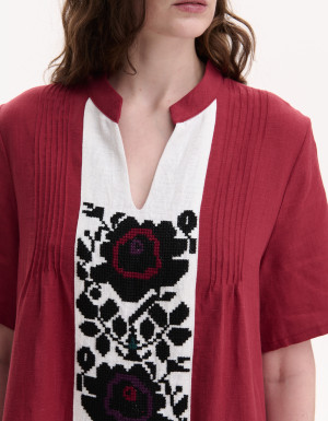 Handmade embroidered burgundy linen dress  Rose branch