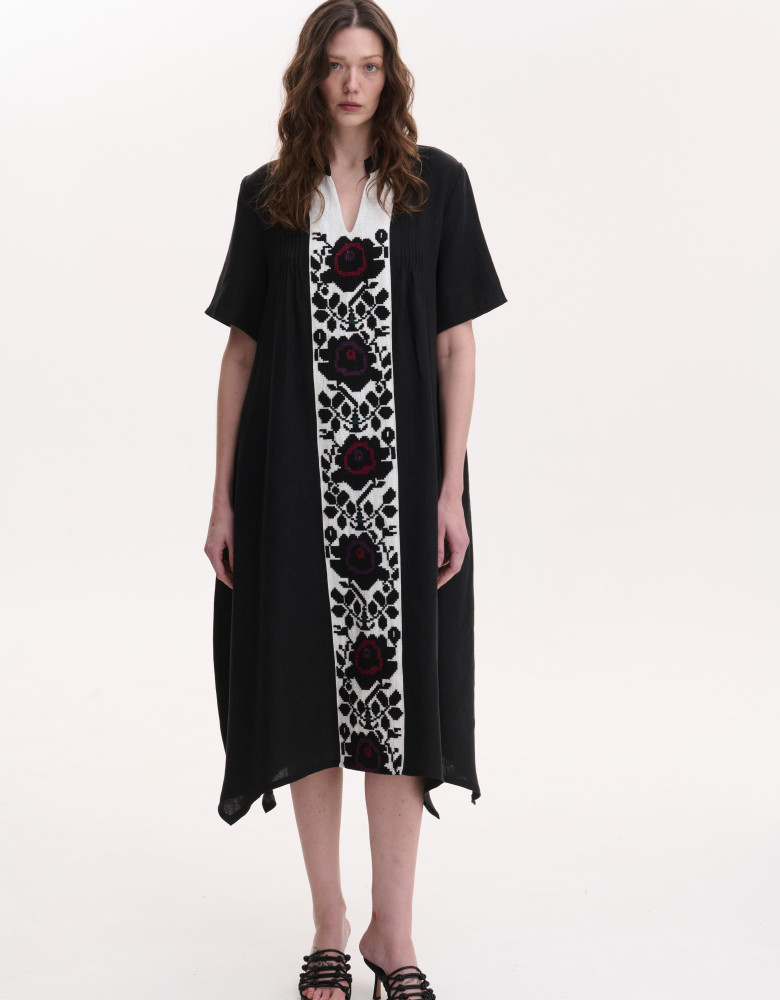 Handmade embroidered black linen dress Rose branch