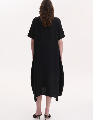 Handmade embroidered black linen dress Rose branch