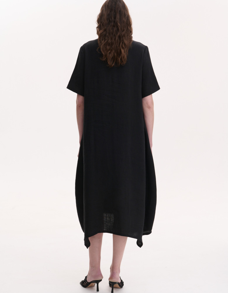 Handmade embroidered black linen dress Rose branch