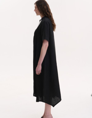 Handmade embroidered black linen dress Rose branch