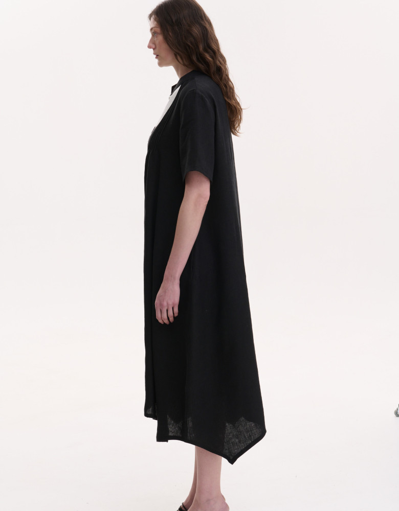 Handmade embroidered black linen dress Rose branch