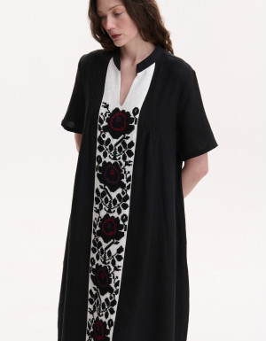 Handmade embroidered black linen dress Rose branch