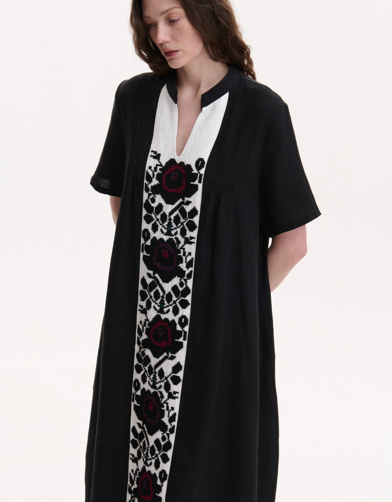Handmade embroidered black linen dress Rose branch