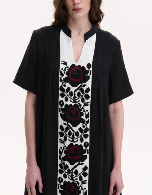 Handmade embroidered black linen dress Rose branch