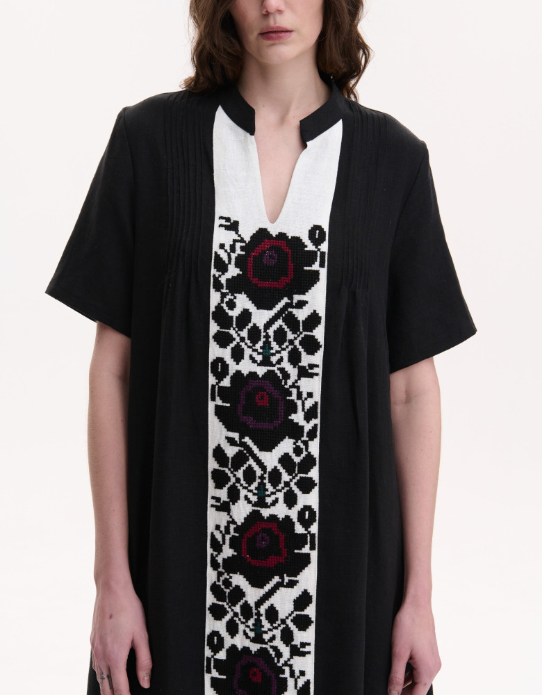 Handmade embroidered black linen dress Rose branch