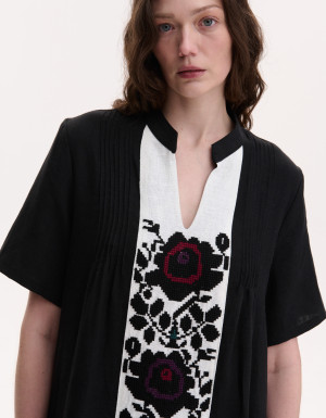 Handmade embroidered black linen dress Rose branch