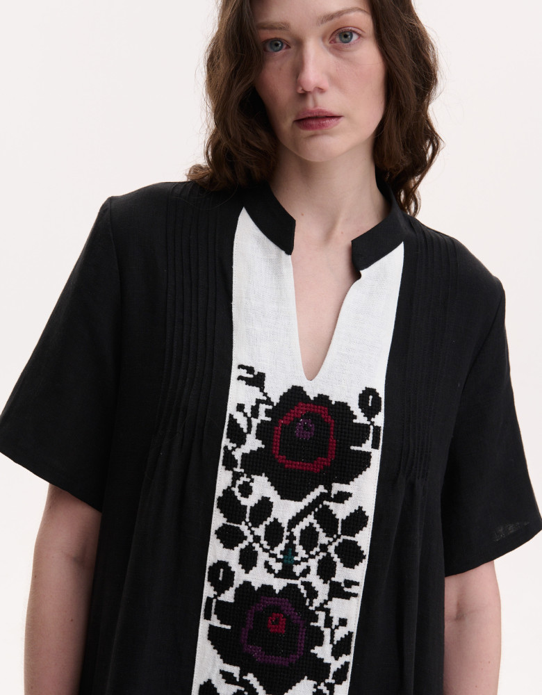 Handmade embroidered black linen dress Rose branch