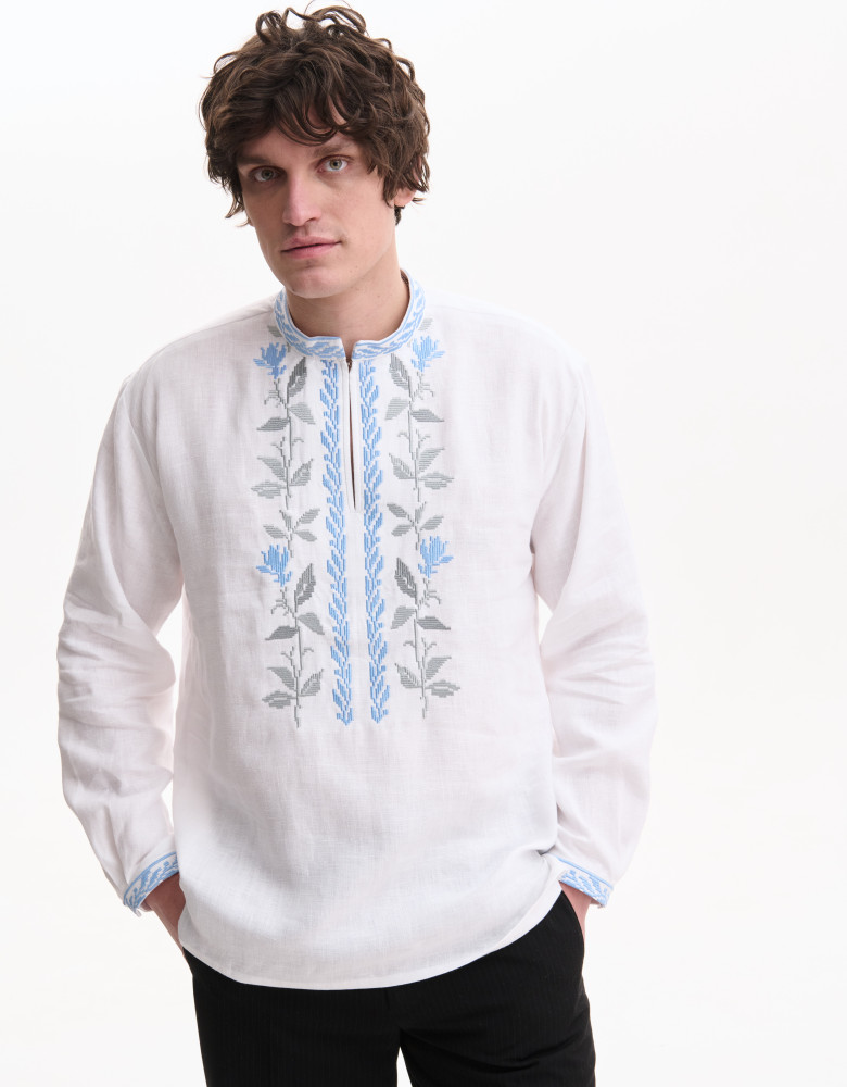 Embroidered White Linen Dress “Rose Blossom”