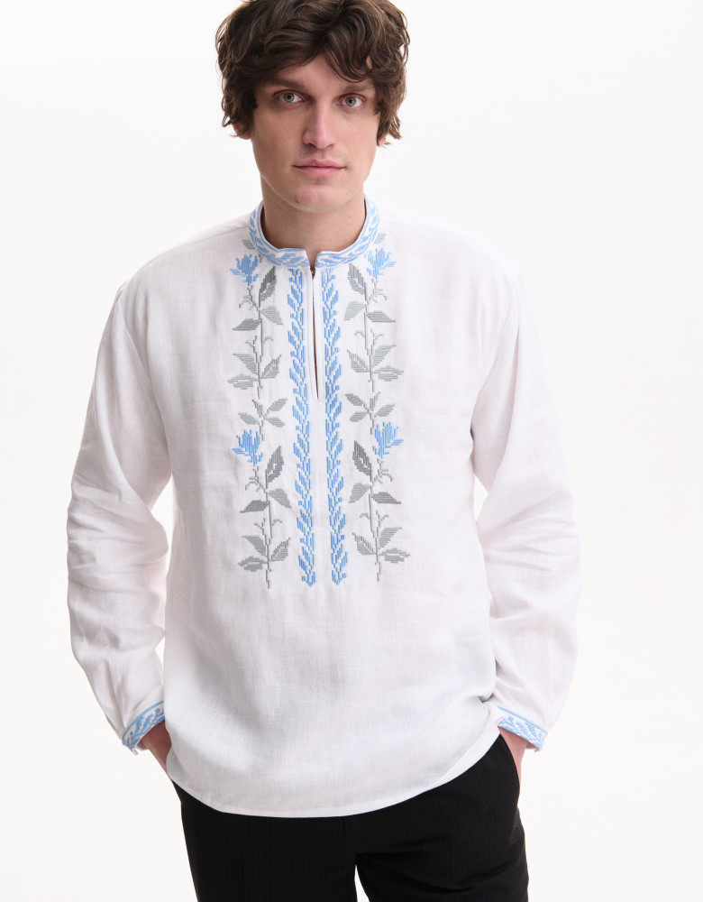 Embroidered White Linen Dress “Rose Blossom”