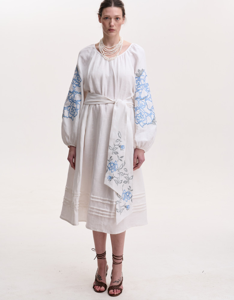 Embroidered White Linen Dress “Rose Blossom”
