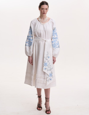 Embroidered White Linen Dress “Rose Blossom”