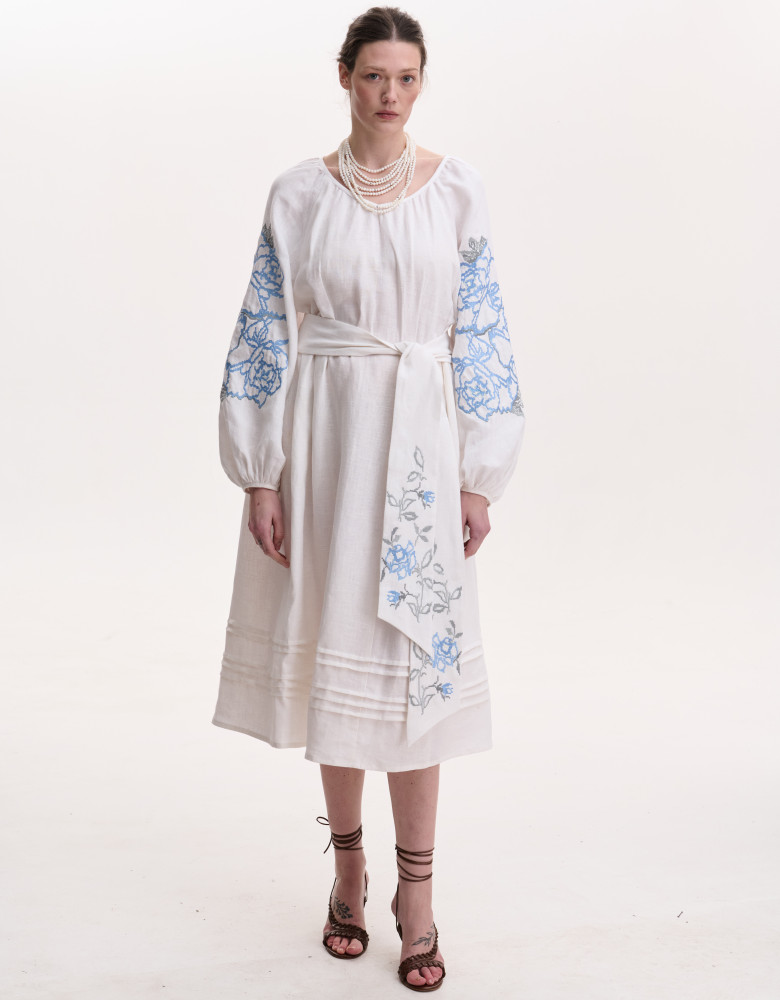 Embroidered White Linen Dress “Rose Blossom”